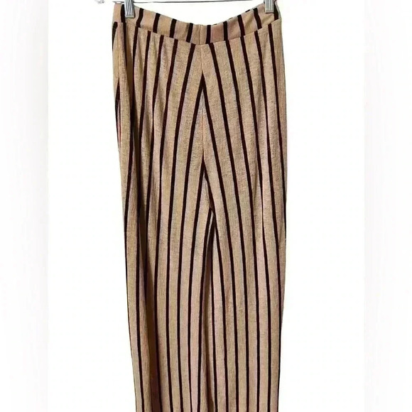 Zara Wide Leg High Waisted Striped Pull-On Pants Tan and Black - Picture 3 of 8